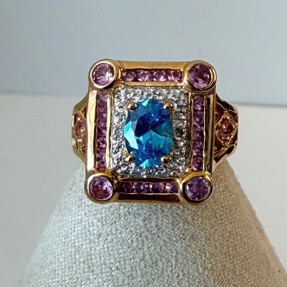 Vintage Statement gold plated Cocktail Ring with Blue & Purple Faceted Stones